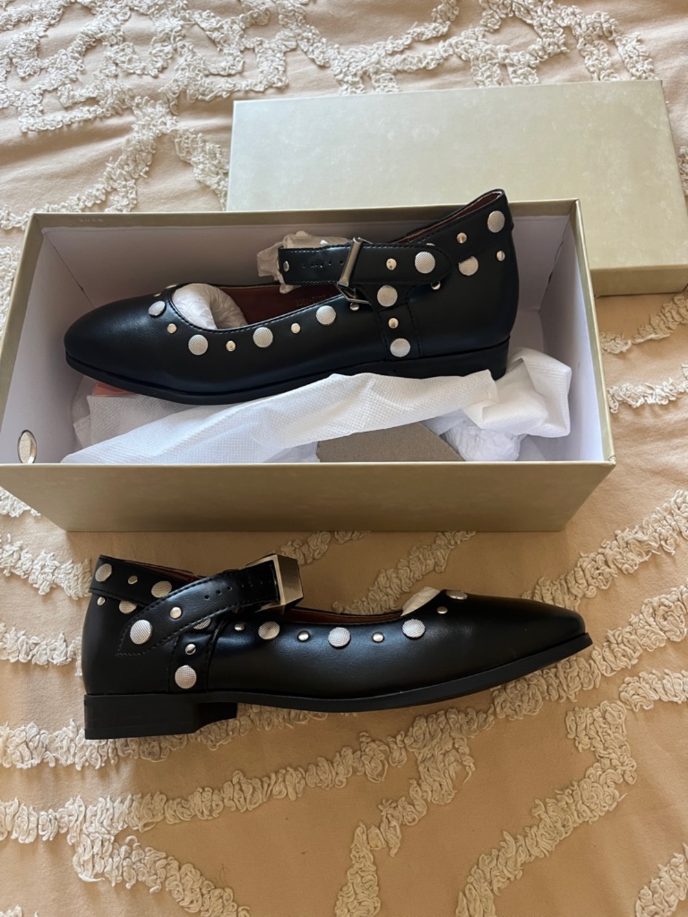 Black Studded Mary Jane Flats with Ankle Strap